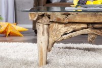 Table basse 100 cm design en bois flotté et verre