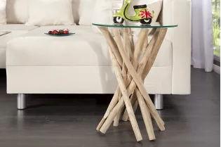 Table d'appoint design en verre et bois flotté 2