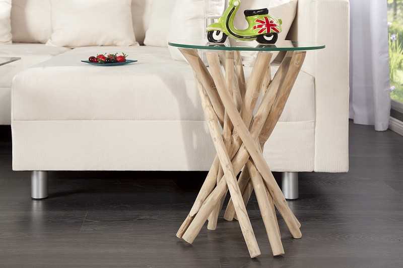 Table d'appoint design en verre et bois flotté