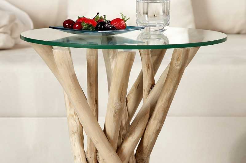 Table d'appoint design en verre et bois flotté