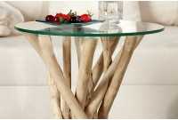 Table d'appoint design en verre et bois flotté
