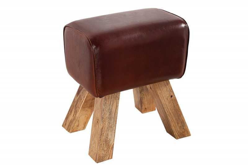 Tabouret design en bois revêtu en vrai cuir marron