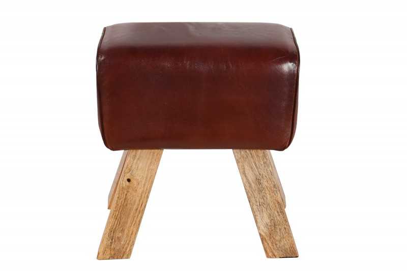 Tabouret design en bois revêtu en vrai cuir marron
