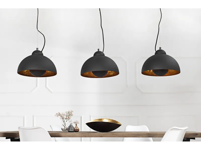 Barre de 3 lampes suspendues 20 cm hémisphéres coloris noir et doré