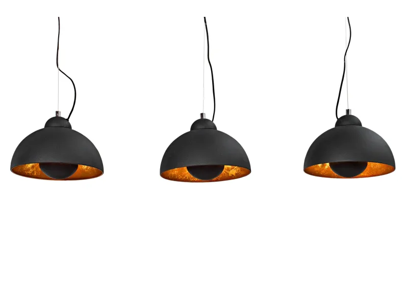 Barre de 3 lampes suspendues 20 cm hémisphéres coloris noir et doré