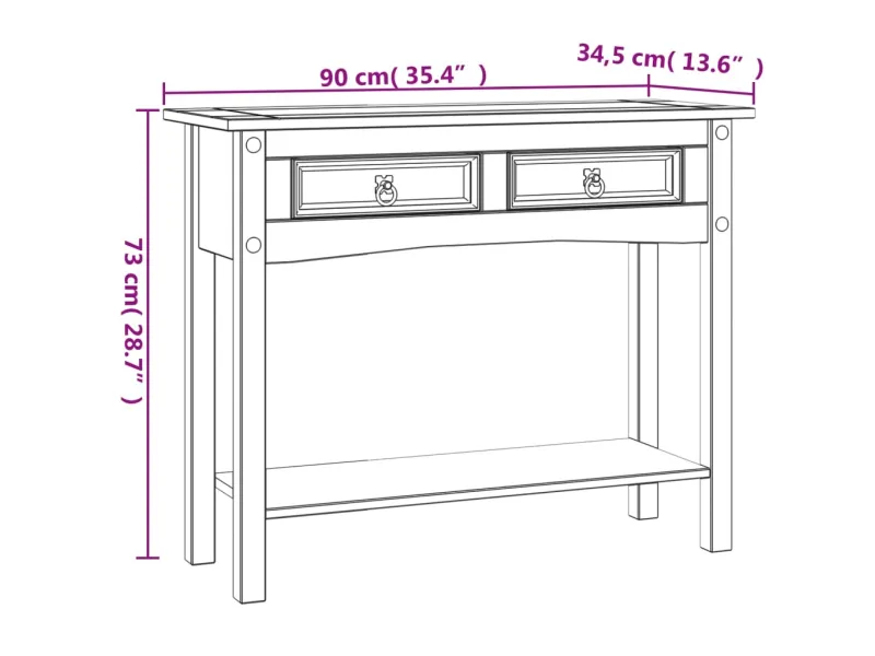 Table console Gamme Corona Pin mexicain Blanc 90x34,5x73 cm