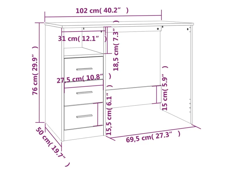 Bureau avec tiroirs Sonoma gris 102x50x76 cm 
