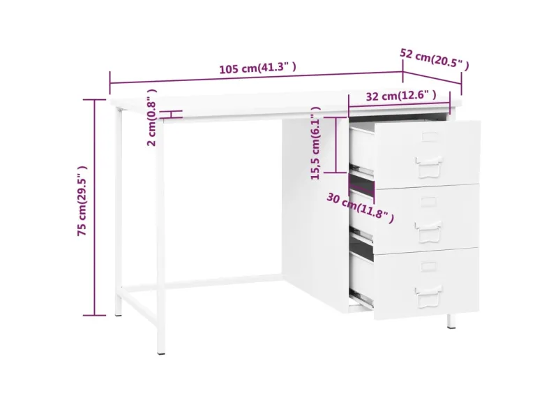 Bureau industriel avec tiroirs Blanc 105x52x75 cm Acier