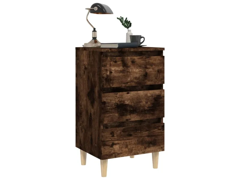 Table de chevet avec pieds en bois solide Chêne fumé 40x35x69cm