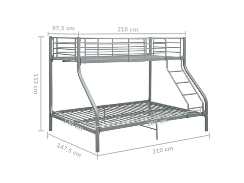 Lit superposé Gris Métal 140x200 cm/90x200 cm