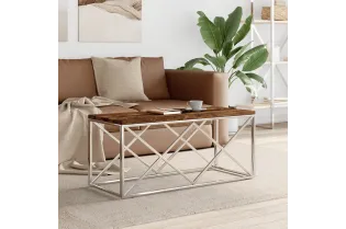 Table basse acier inoxydable et bois massif de récupération