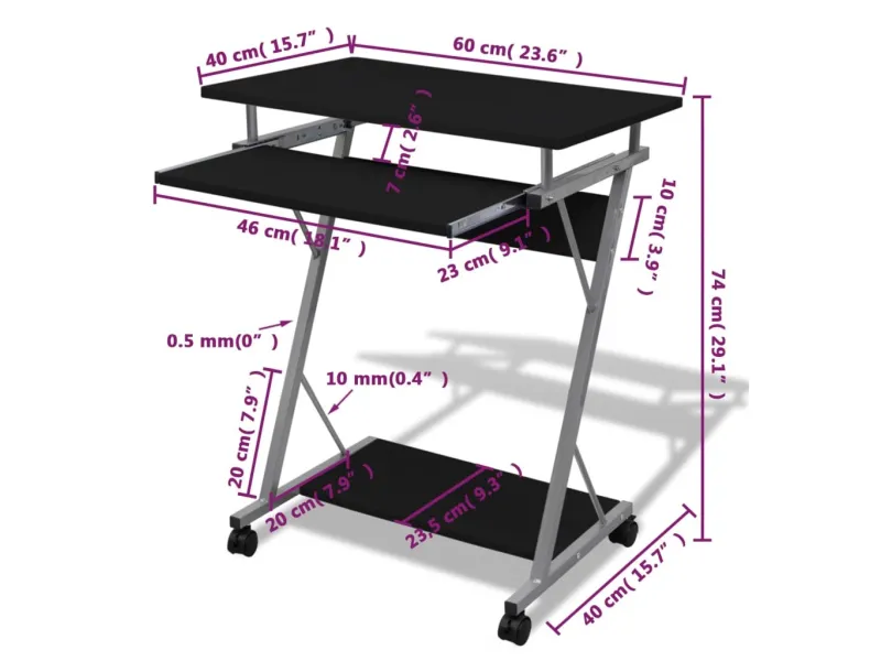 Bureau d'ordinateur compact avec plateau à clavier Noir
