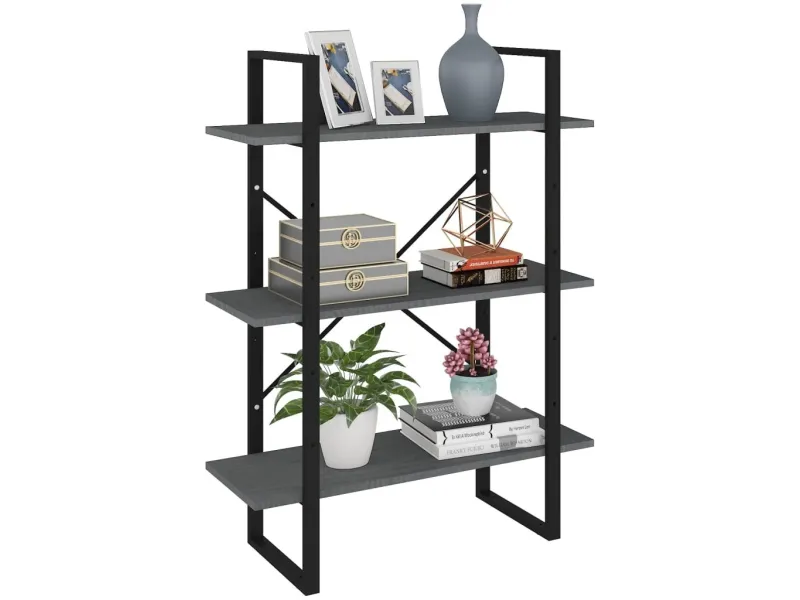Bibliothèque à 3 niveaux Gris 80x30x105 cm Bois de pin massif