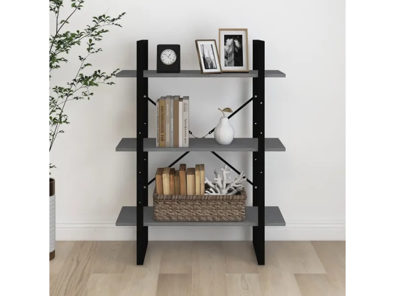 Bibliothèque à 3 niveaux Gris 80x30x105 cm Bois de pin massif