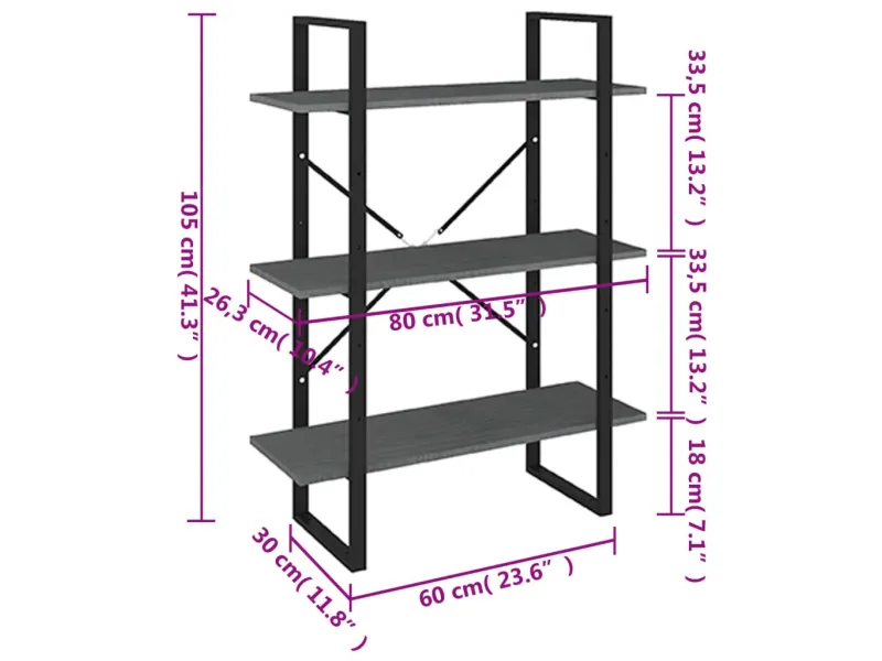 Bibliothèque à 3 niveaux Gris 80x30x105 cm Bois de pin massif