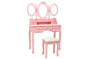 Coiffeuse avec tabouret et miroir pliable en 3 Rose