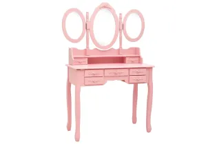 Coiffeuse avec tabouret et miroir pliable en 3 Rose 2