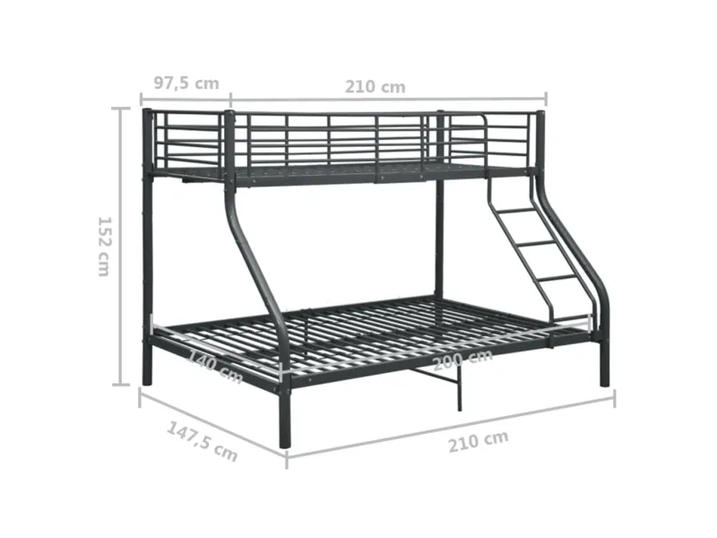 Lit superposé Noir Métal 140x200 cm/90x200 cm