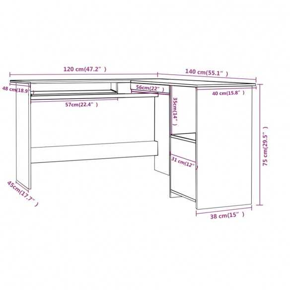 Bureau d'angle forme de L Blanc brillant 120x140x75cm Aggloméré