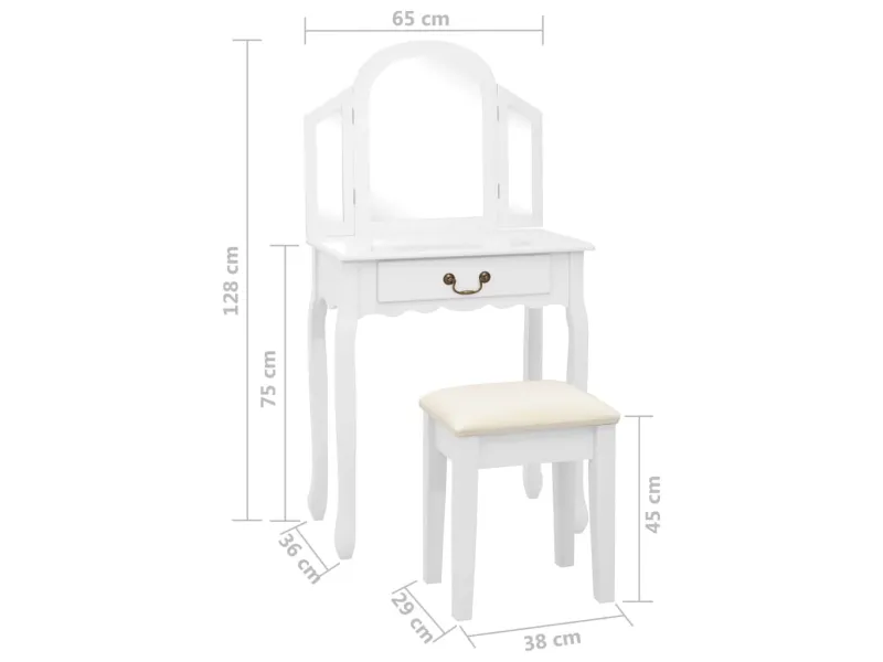 Coiffeuse et tabouret Blanc 65x36x128 cm Bois de paulownia MDF