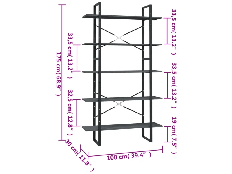 Bibliothèque à 5 niveaux Gris 100x30x175 cm Bois de pin