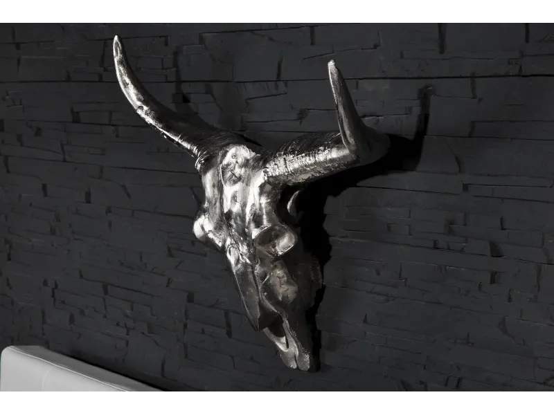 Trophée mural Crâne de taureau en aluminium argenté