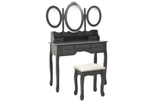 Coiffeuse avec tabouret et miroir pliable en 3 Gris