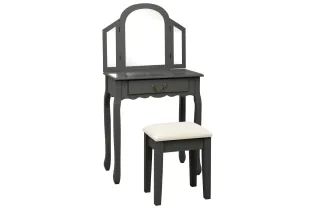 Coiffeuse et tabouret Gris 65x36x128 cm Bois de paulownia MDF