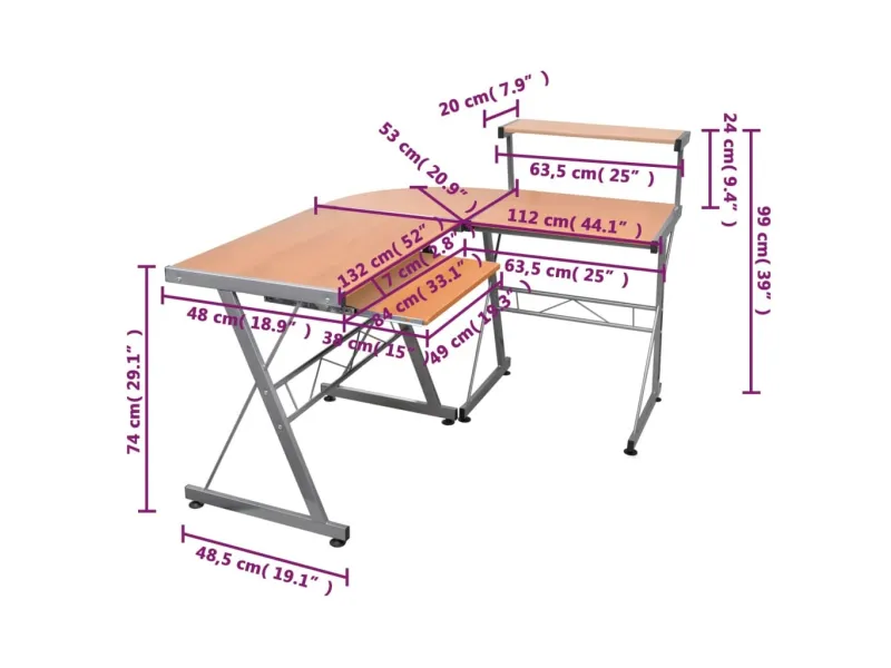 Bureau d'ordinateur d'angle Marron 132x112x99cm Bois ingénierie