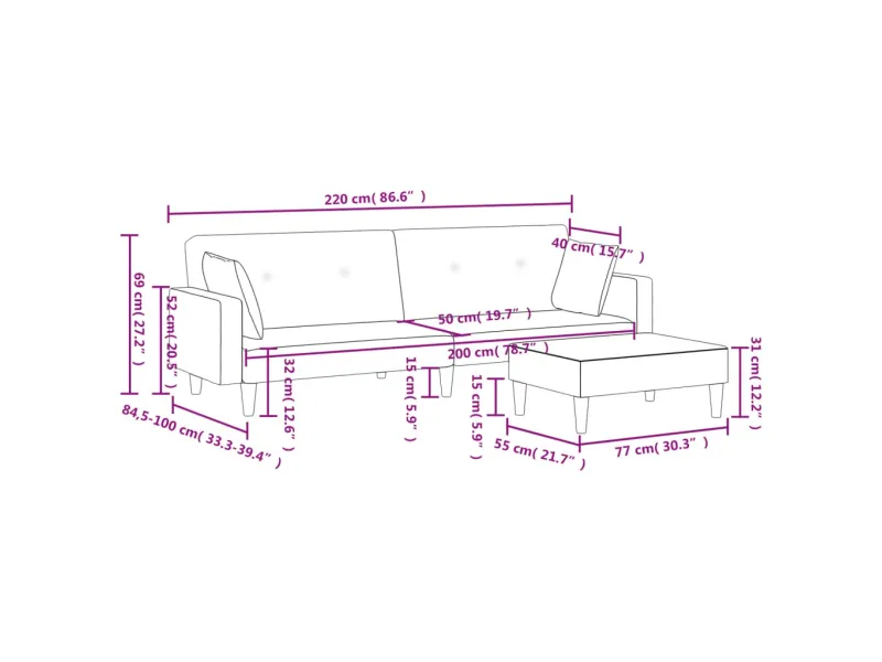 Canapé-lit à 2 places avec repose-pied gris foncé tissu