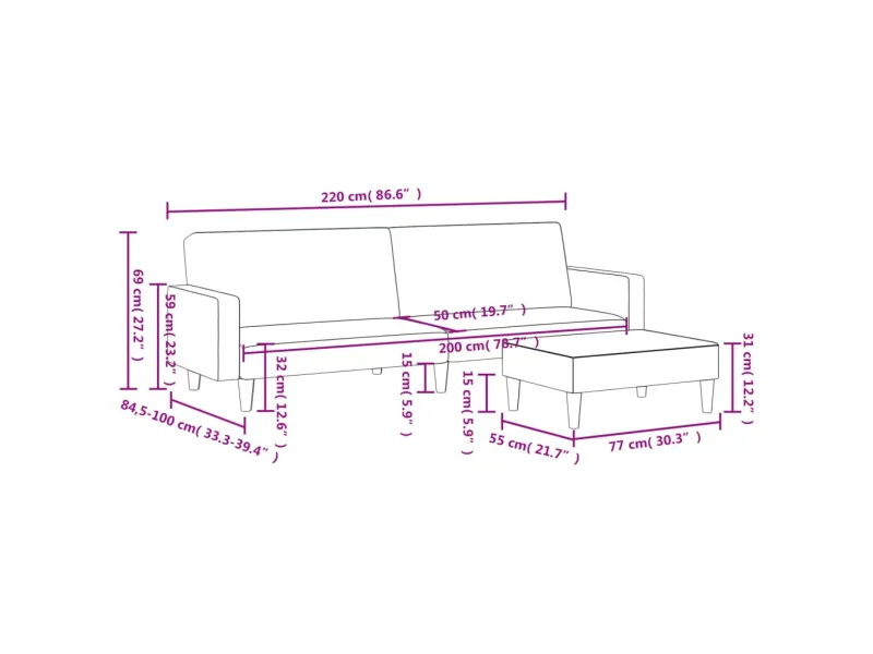 Canapé-lit à 2 places avec repose-pied gris clair tissu