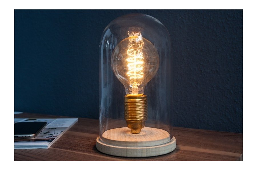 Lampe à poser design rétro en bois et verre