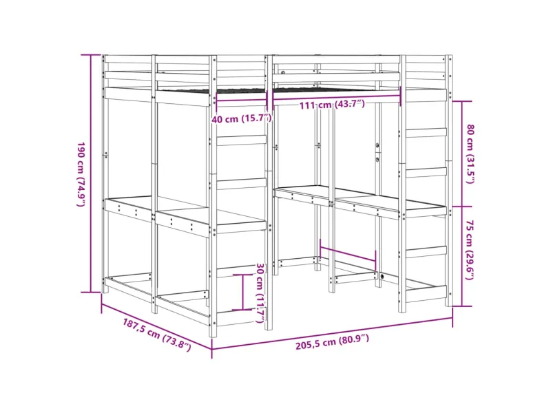 Lit superposé et bureau et échelle 180x200cm bois de pin massif
