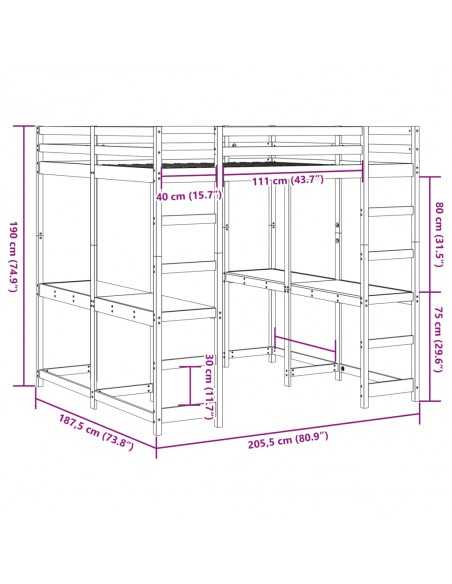 Lit superposé et bureau et échelle 180x200cm bois de pin massif