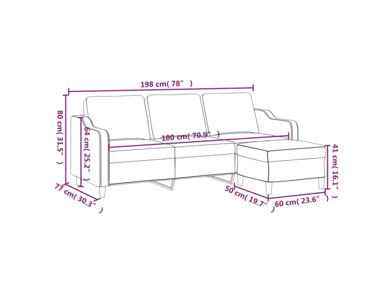 Canapé à 3 places avec repose-pieds Marron 180 cm Tissu