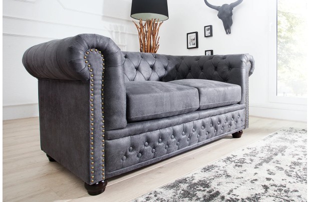 Canapé CHESTERFIELD 2 Places en Microfibre Gris Aspect Antique – Élégance et Confort au Rendez-vous