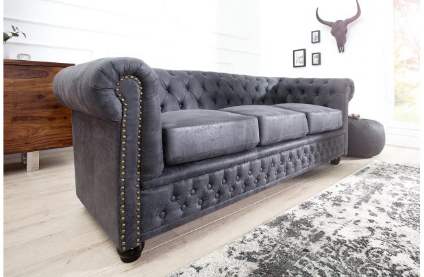 Canapé CHESTERFIELD 3 Places en Microfibre Gris Antique – Élégance, Confort et Robustesse