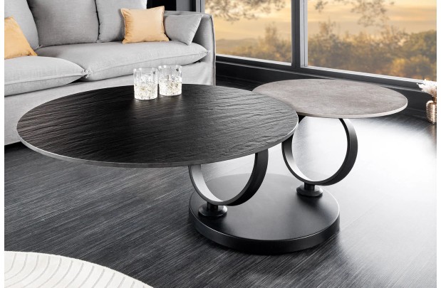 Table Basse Rotative DANCING RINGS 80-134cm – Élégance Polyvalente en Céramique Noire et Grise