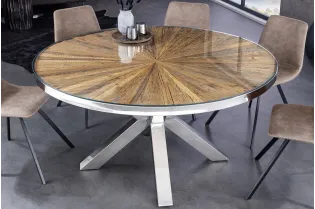 Table à Manger Ronde en Teck et Verre – Élégance Naturelle et Design Chromé Ø140 cm