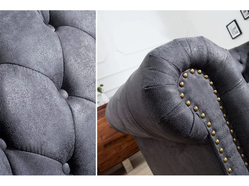 Canapé CHESTERFIELD 2 Places en Microfibre Gris Aspect Antique – Élégance et Confort au Rendez-vous