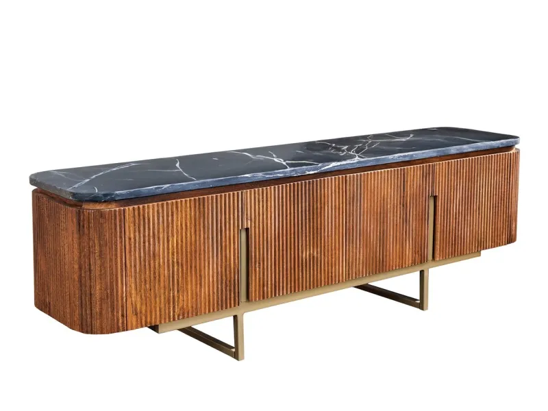 Meuble TV Gatsby 160cm en bois de manguier plateau marbre noir piètement doré