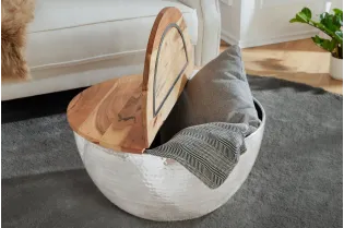 Table basse Ronde Orient Rangement Argent 60cm Bois d'Acacia Massif 2