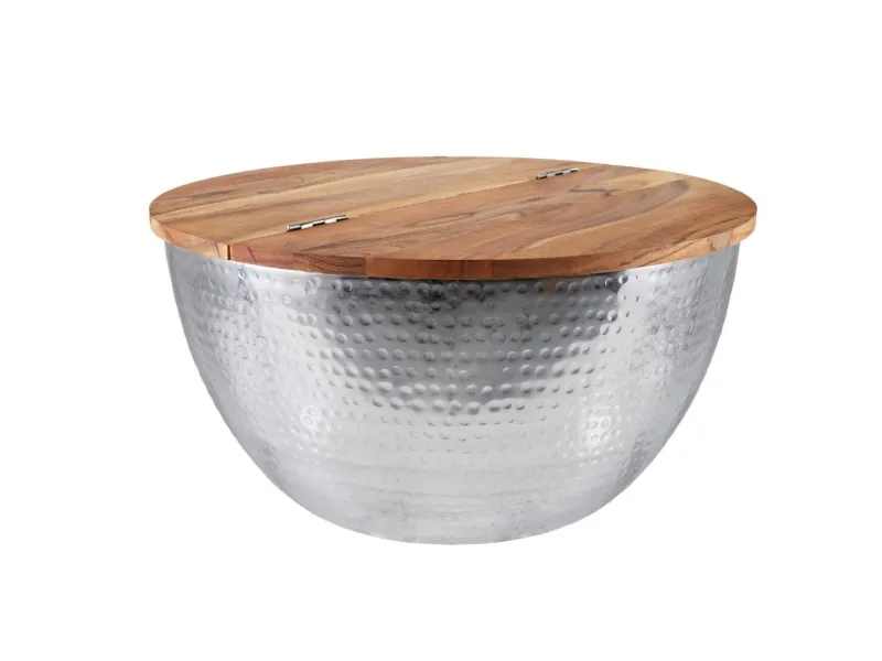 Table basse Ronde Orient Rangement Argent 60cm Bois d'Acacia Massif