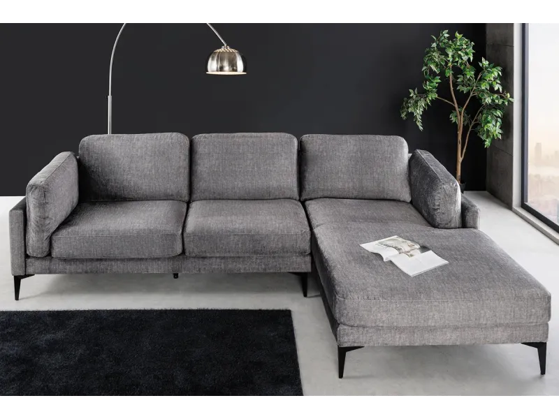Canapé d'angle design MANHATTAN 295cm velours gris foncé ressorts ensachés 3 places pieds métal