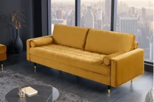 Canapé design capitonné en velours coloris abricot avec pieds chrom...