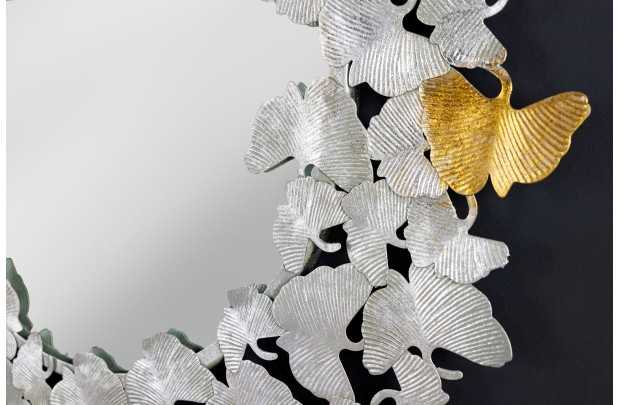 Miroir Rond avec Cadre en Feuilles de Ginkgo - Fait Main