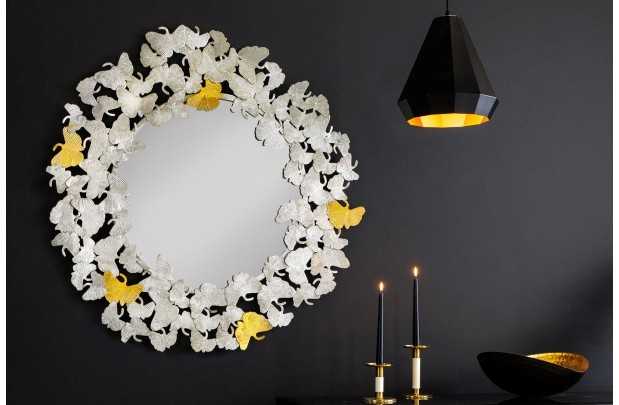 Miroir Rond avec Cadre en Feuilles de Ginkgo - Fait Main