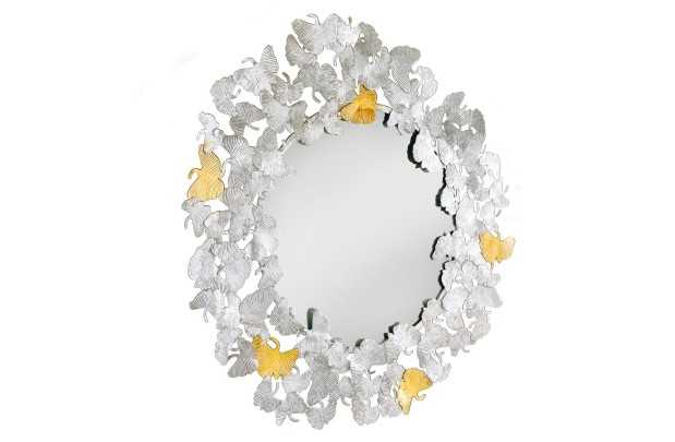 Miroir Rond avec Cadre en Feuilles de Ginkgo - Fait Main