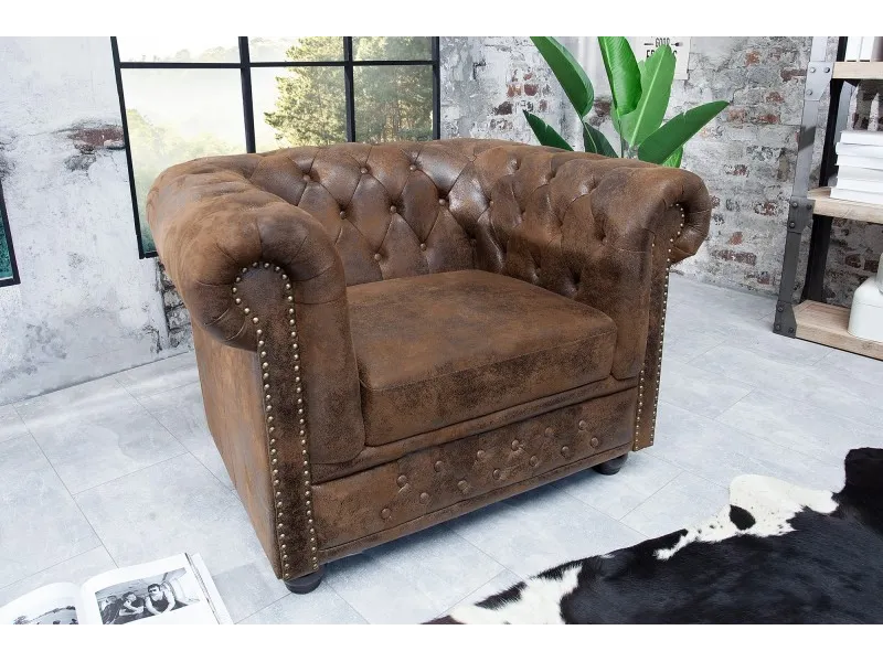 Fauteuil Chesterfield Marron Antique Microfibre - Adenia Home