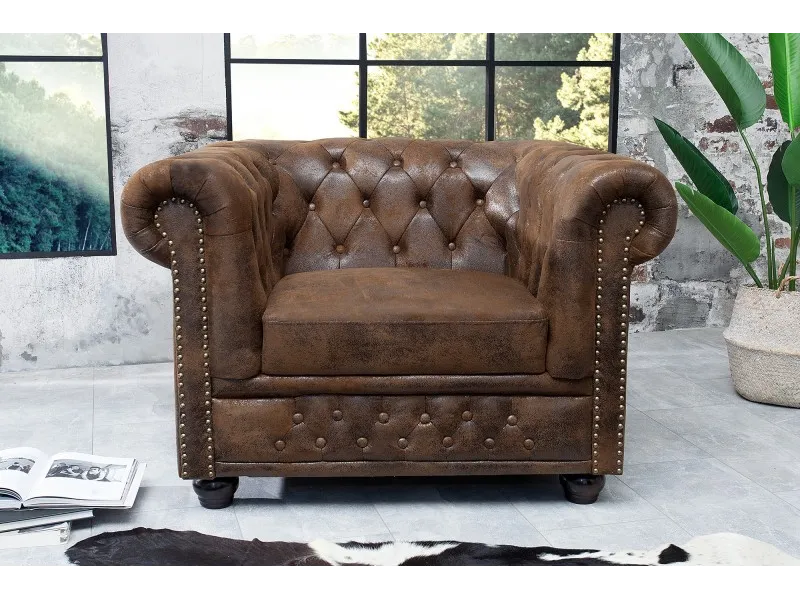 Fauteuil Chesterfield Marron Antique Microfibre - Adenia Home